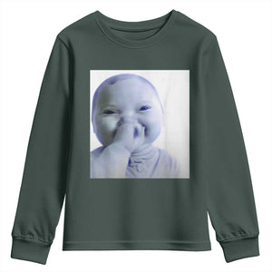 Funny Tuff Baby Giggling Meme Youth Sweatshirt Viral AI Niche Baby Holding Laugh Photo TS02 Dark Forest Green Print Your Wear