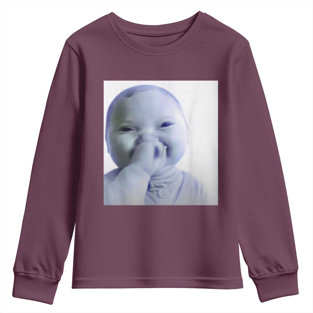 Funny Tuff Baby Giggling Meme Youth Sweatshirt Viral AI Niche Baby Holding Laugh Photo TS02 Maroon Print Your Wear