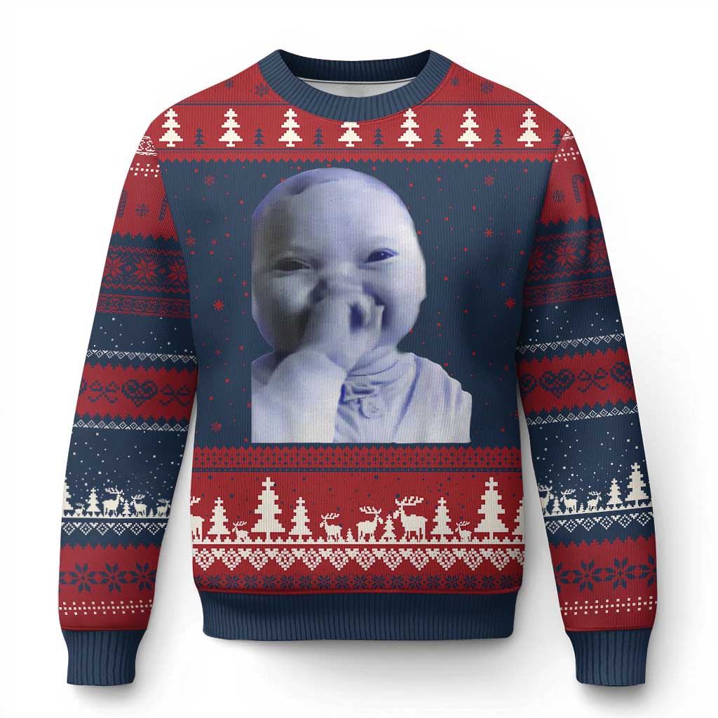 Funny Tuff Baby Giggling Meme Ugly Christmas Sweater Viral AI Niche Baby Holding Laugh Face TS02 Navy Red Print Your Wear