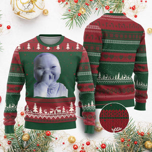 Funny Tuff Baby Giggling Meme Ugly Christmas Sweater Viral AI Niche Baby Holding Laugh Face TS02 Red Green Print Your Wear