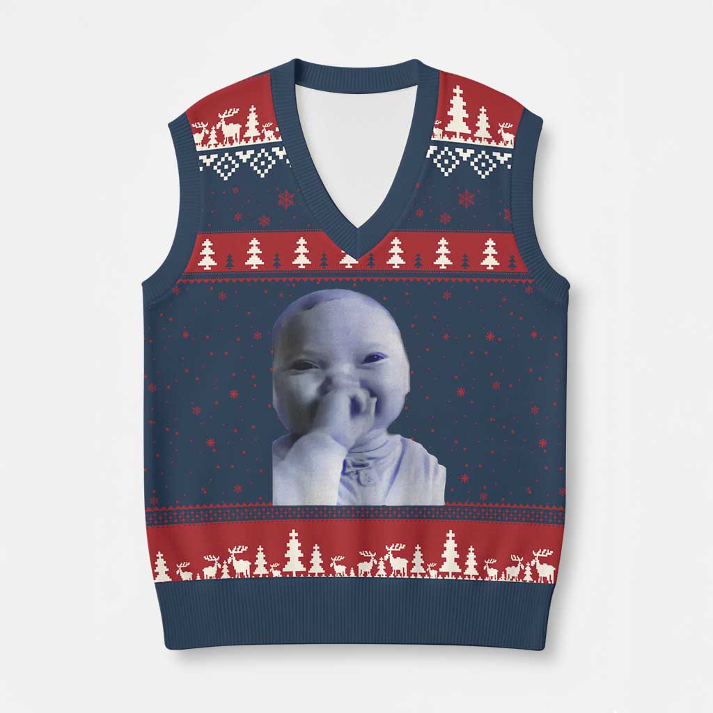 Funny Tuff Baby Giggling Meme V-Neck Knit Sweater Vest Viral AI Niche Baby Holding Laugh Face TS02 Navy Red Print Your Wear