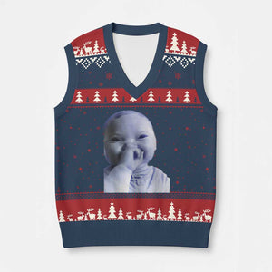 Funny Tuff Baby Giggling Meme V-Neck Knit Sweater Vest Viral AI Niche Baby Holding Laugh Face TS02 Navy Red Print Your Wear