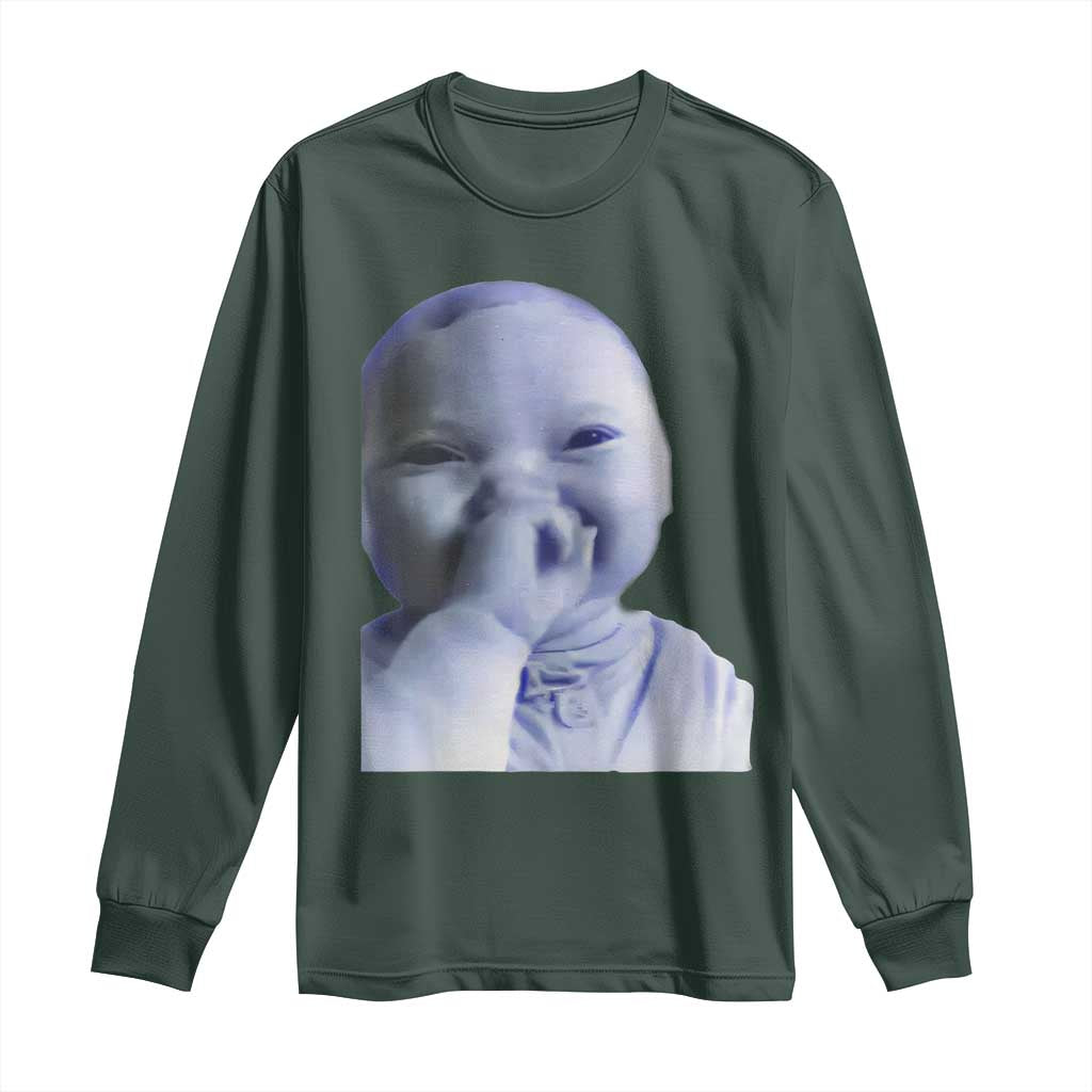 Funny Tuff Baby Giggling Meme Long Sleeve Shirt Viral AI Niche Baby Holding Laugh Face TS02 Dark Forest Green Print Your Wear