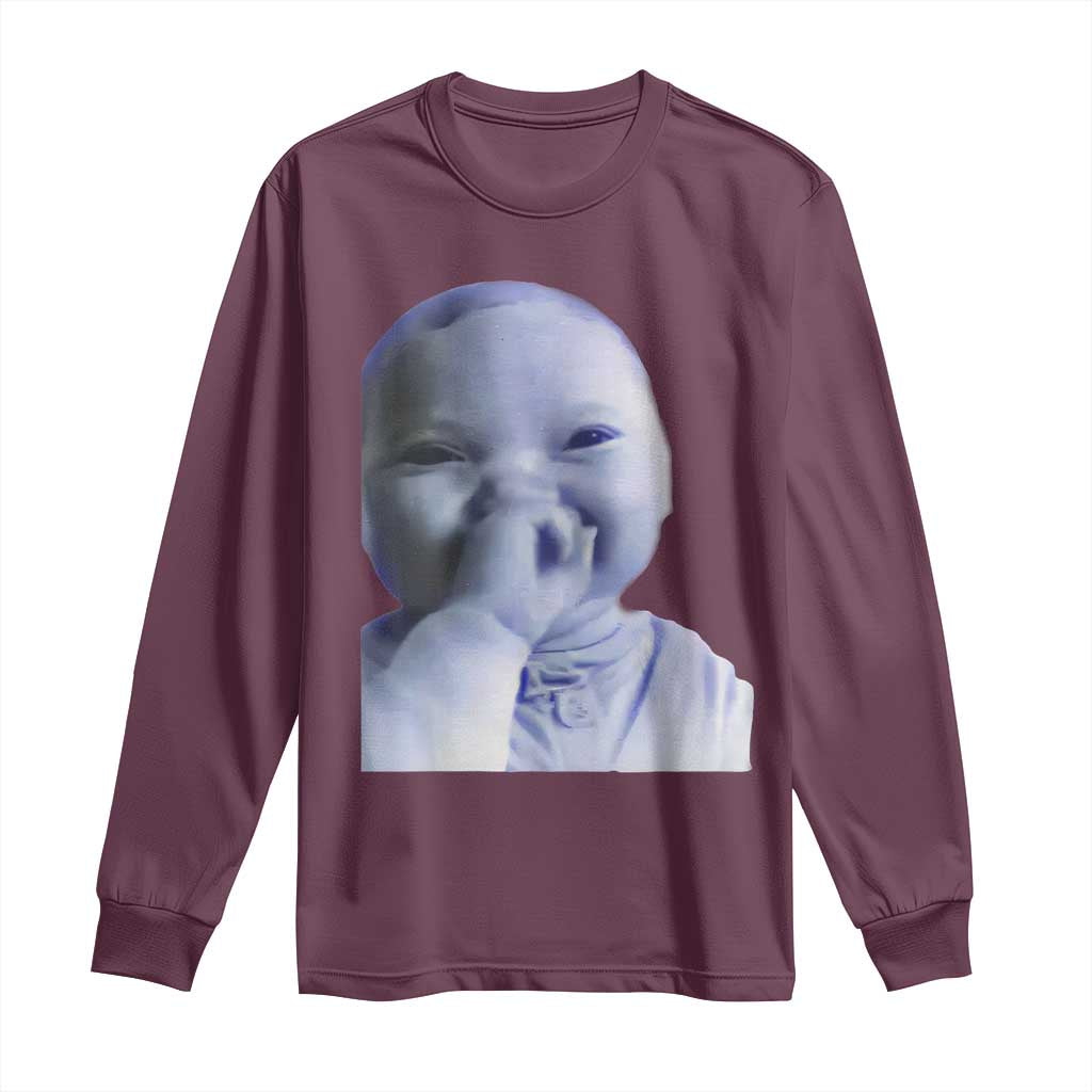 Funny Tuff Baby Giggling Meme Long Sleeve Shirt Viral AI Niche Baby Holding Laugh Face TS02 Maroon Print Your Wear