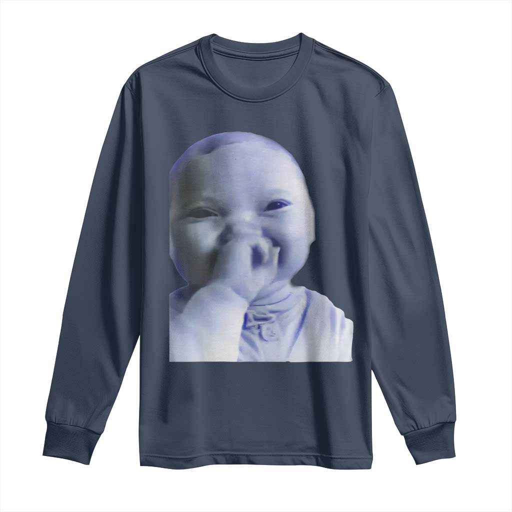 Funny Tuff Baby Giggling Meme Long Sleeve Shirt Viral AI Niche Baby Holding Laugh Face TS02 Navy Print Your Wear