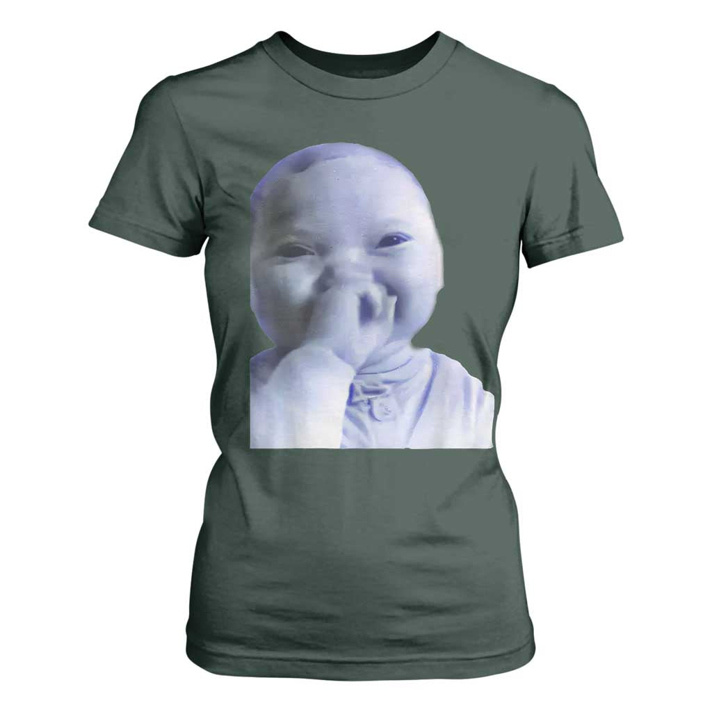 Funny Tuff Baby Giggling Meme T Shirt For Women Viral AI Niche Baby Holding Laugh Face TS02 Dark Forest Green Print Your Wear