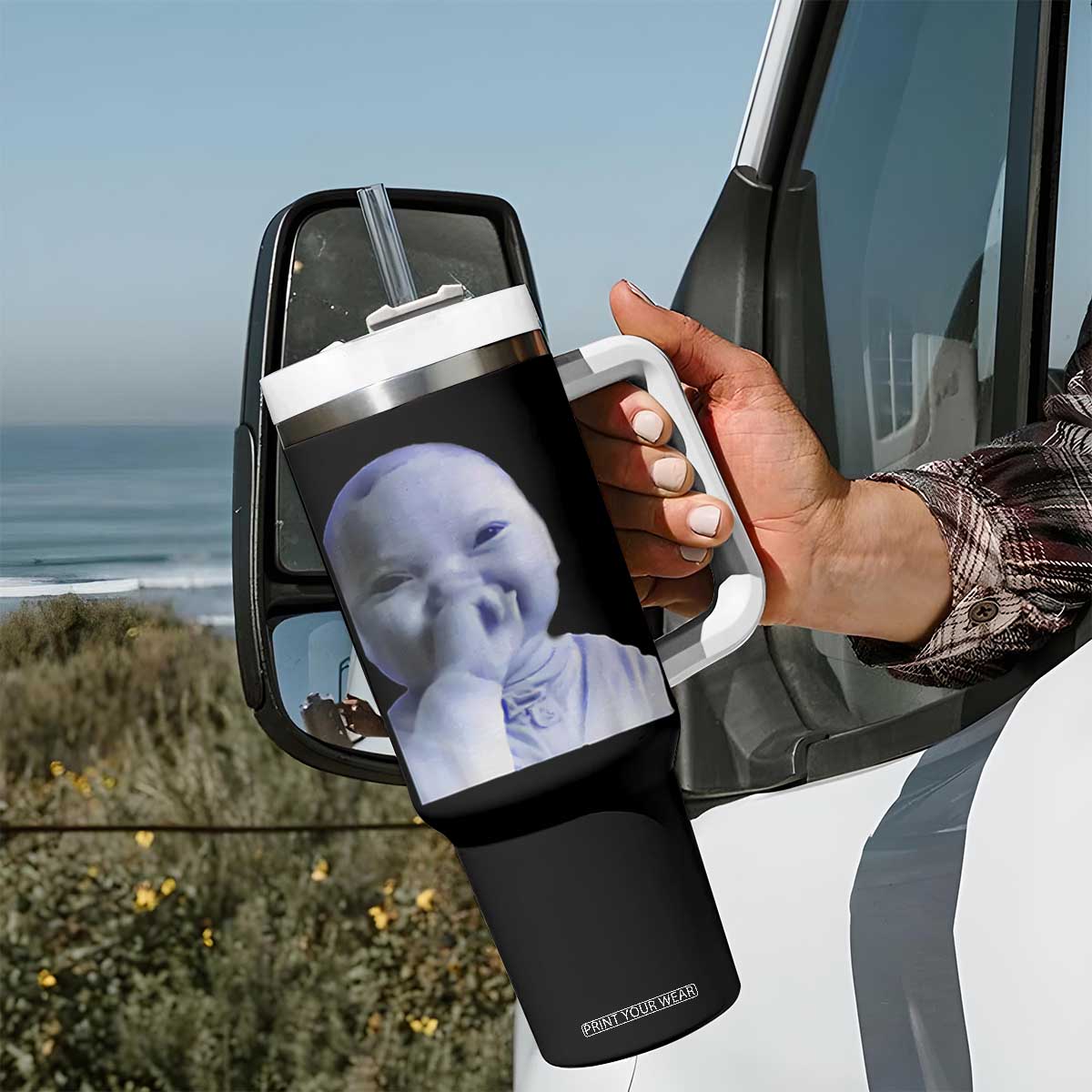 Funny Tuff Baby Giggling Meme Tumbler With Handle Viral AI Niche Baby Holding Laugh Face TS02 Print Your Wear