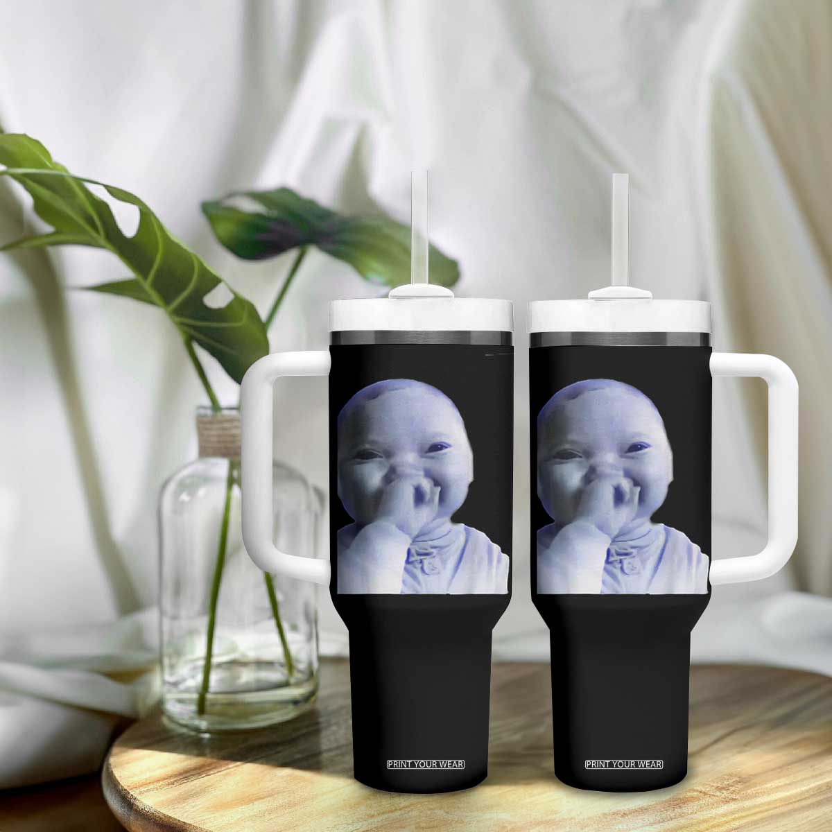 Funny Tuff Baby Giggling Meme Tumbler With Handle Viral AI Niche Baby Holding Laugh Face TS02 Print Your Wear