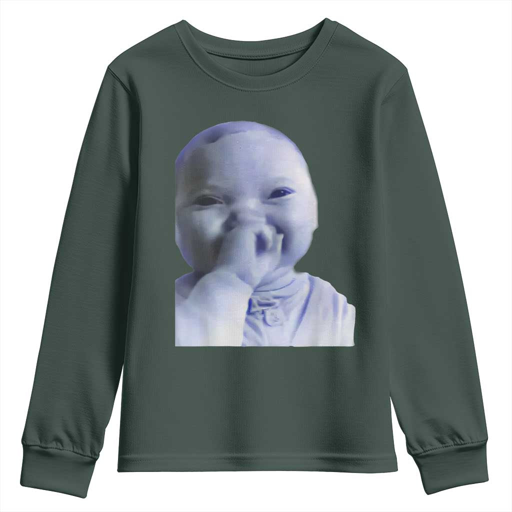 Funny Tuff Baby Giggling Meme Youth Sweatshirt Viral AI Niche Baby Holding Laugh Face TS02 Dark Forest Green Print Your Wear