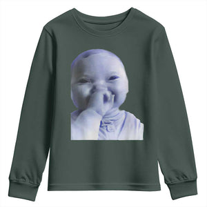 Funny Tuff Baby Giggling Meme Youth Sweatshirt Viral AI Niche Baby Holding Laugh Face TS02 Dark Forest Green Print Your Wear
