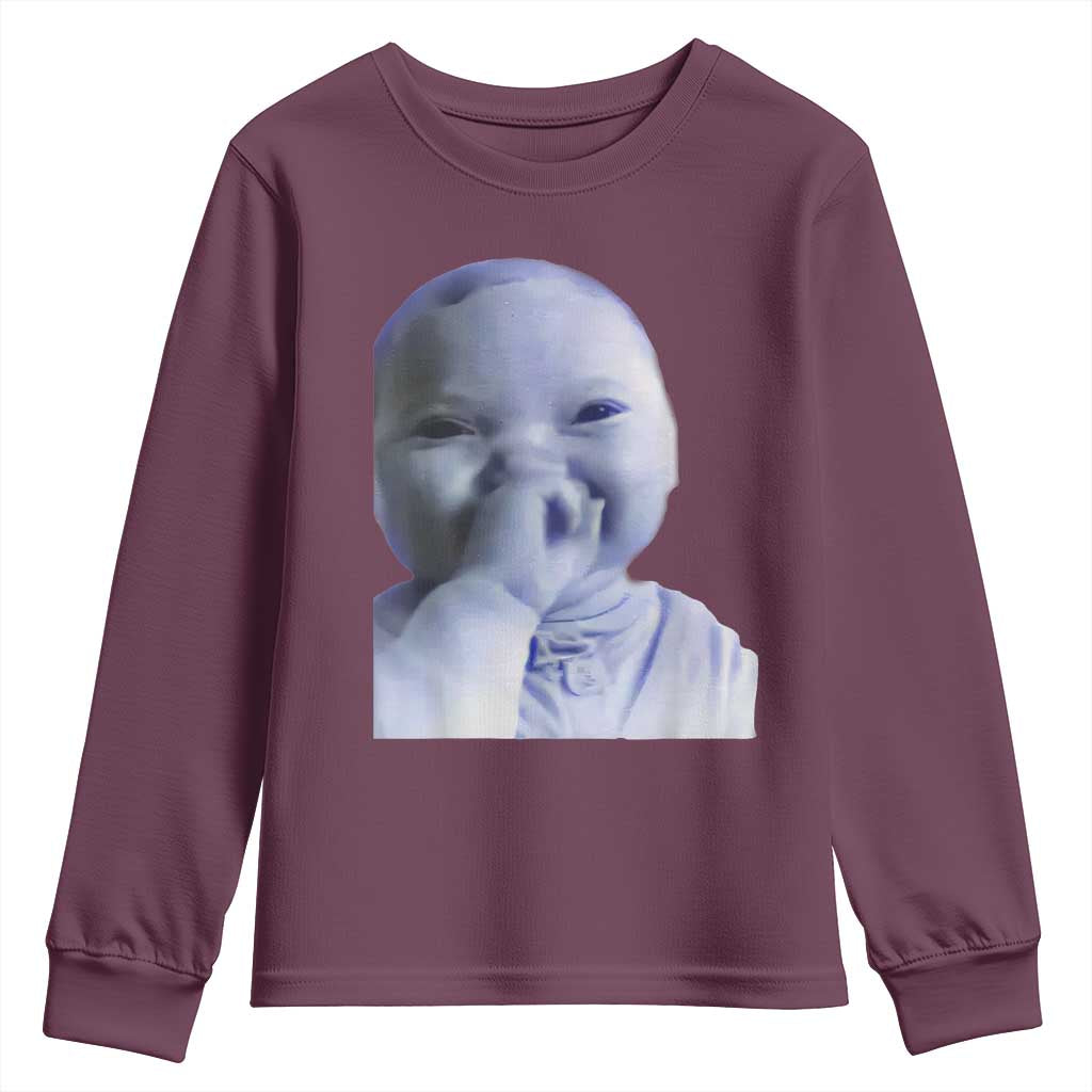 Funny Tuff Baby Giggling Meme Youth Sweatshirt Viral AI Niche Baby Holding Laugh Face TS02 Maroon Print Your Wear