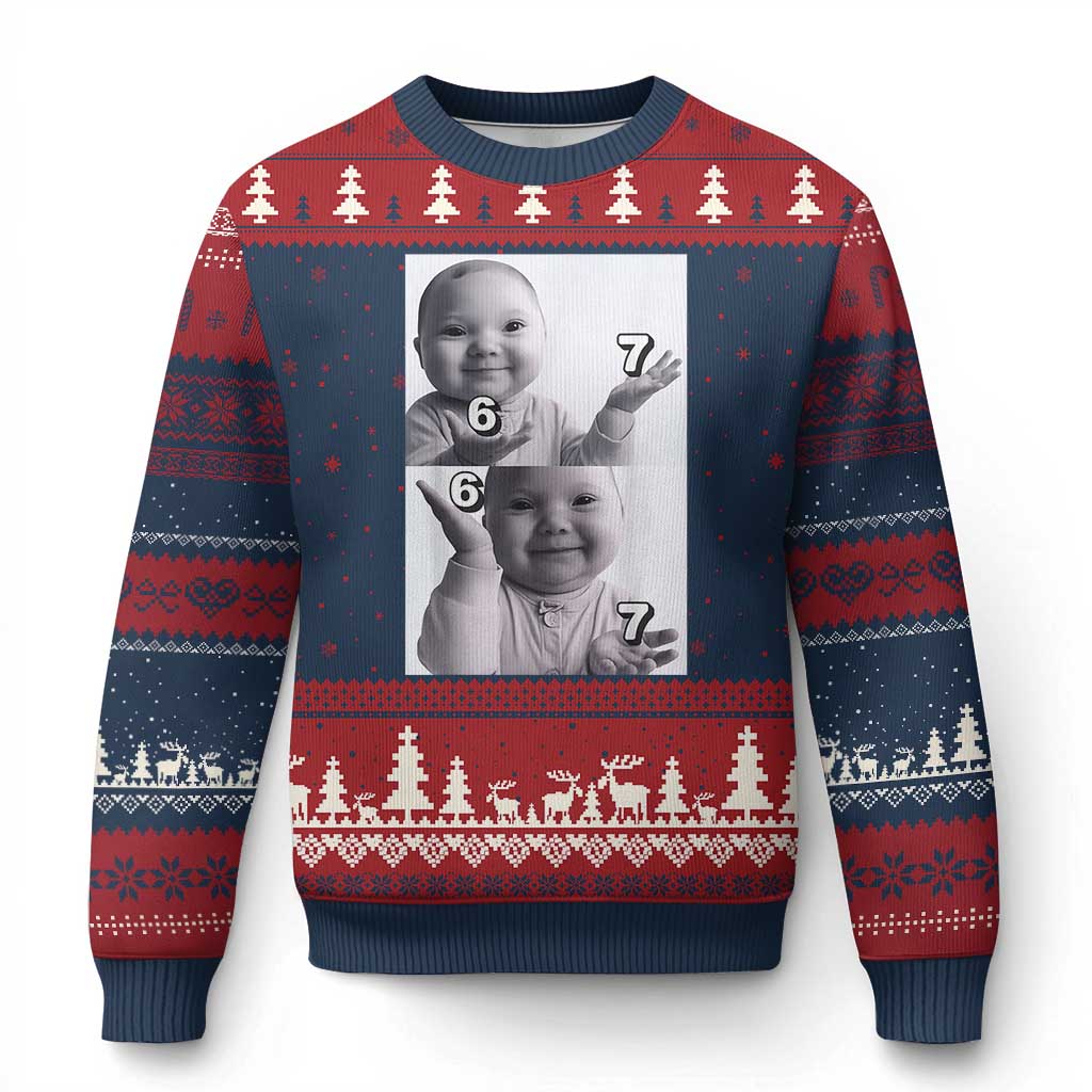Funny Tuff Baby 67 Meme Ugly Christmas Sweater Viral AI Niche Baby Six Seven Hand Gesture TS02 Navy Red Print Your Wear