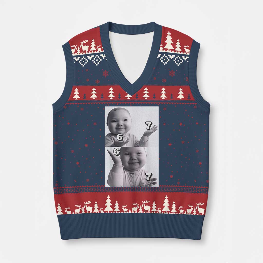 Funny Tuff Baby 67 Meme V-Neck Knit Sweater Vest Viral AI Niche Baby Six Seven Hand Gesture TS02 Navy Red Print Your Wear