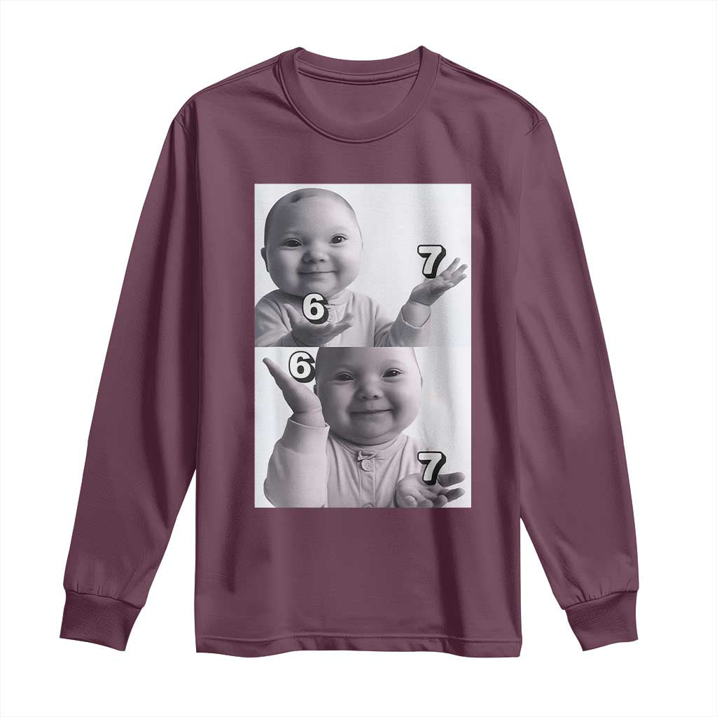 Funny Tuff Baby 67 Meme Long Sleeve Shirt Viral AI Niche Baby Six Seven Hand Gesture TS02 Maroon Print Your Wear