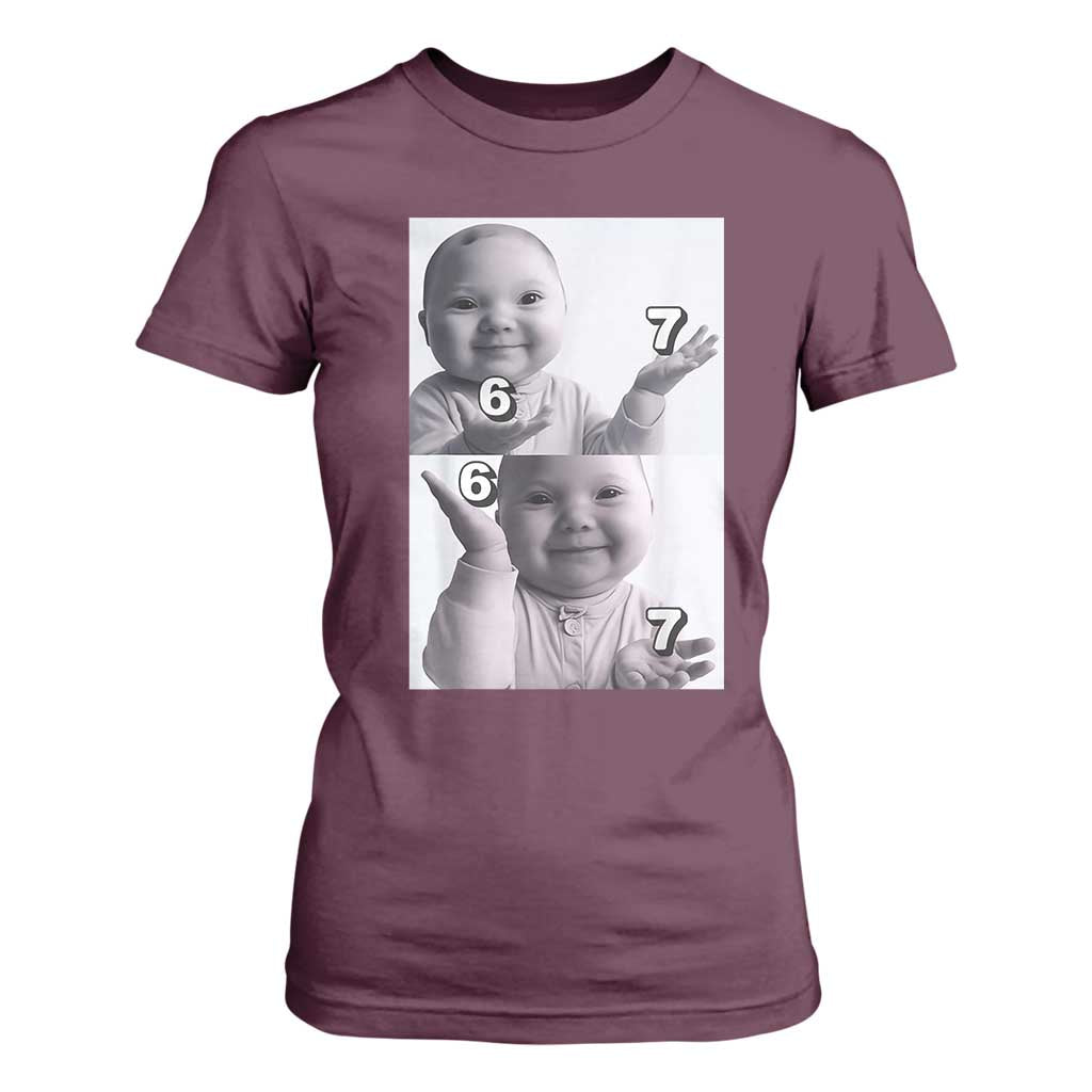 Funny Tuff Baby 67 Meme T Shirt For Women Viral AI Niche Baby Six Seven Hand Gesture TS02 Maroon Print Your Wear