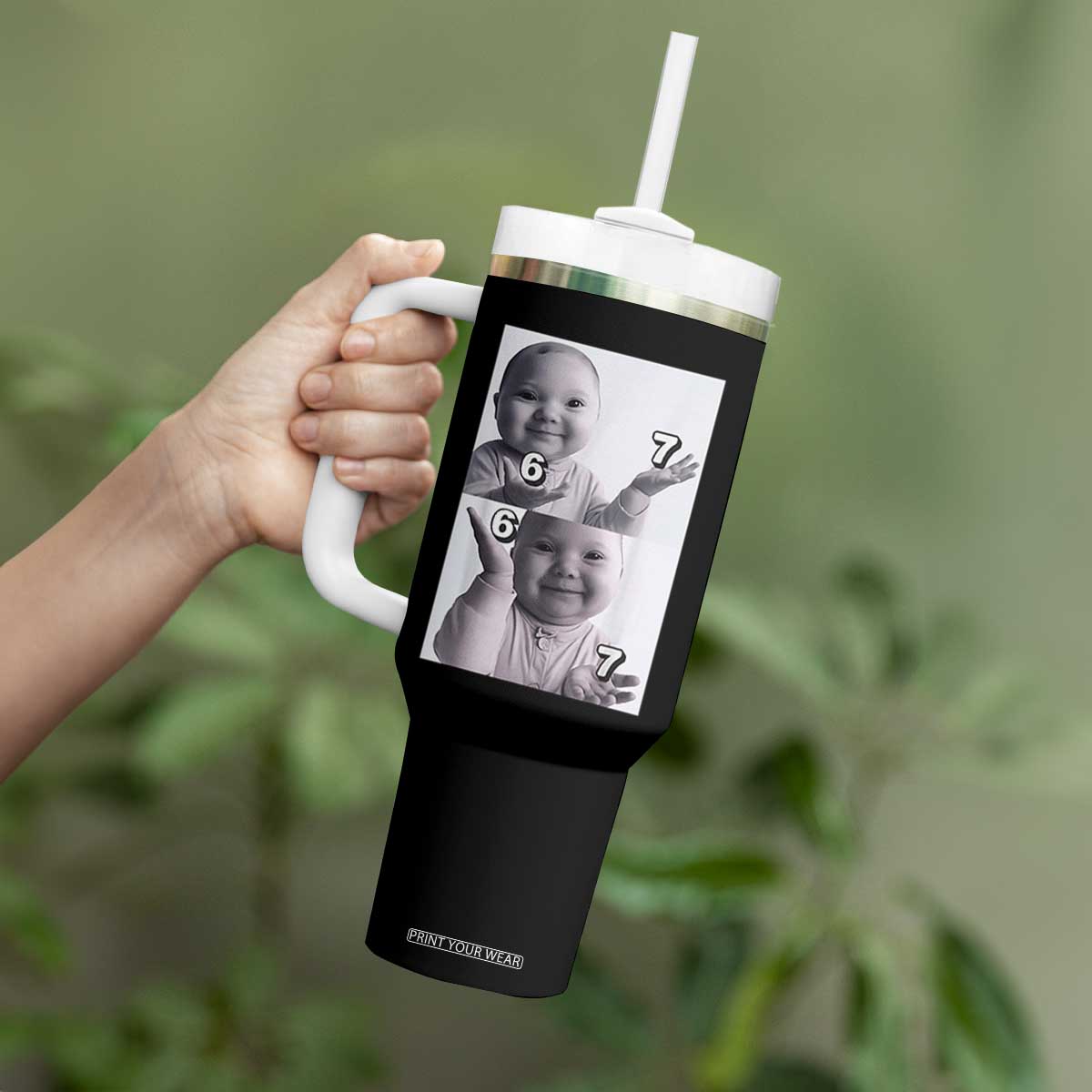 Funny Tuff Baby 67 Meme Tumbler With Handle Viral AI Niche Baby Six Seven Hand Gesture TS02 Print Your Wear