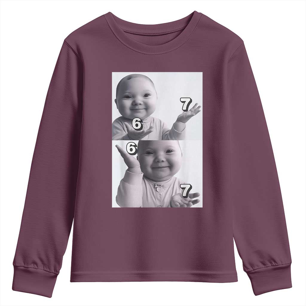 Funny Tuff Baby 67 Meme Youth Sweatshirt Viral AI Niche Baby Six Seven Hand Gesture TS02 Maroon Print Your Wear