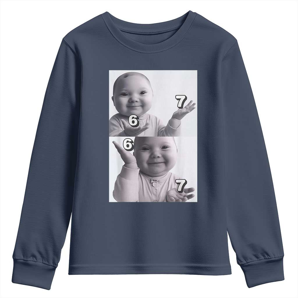 Funny Tuff Baby 67 Meme Youth Sweatshirt Viral AI Niche Baby Six Seven Hand Gesture TS02 Navy Print Your Wear