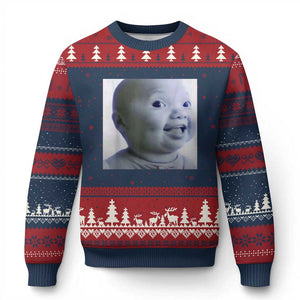 Funny Tuff Baby Side Eye Meme Ugly Christmas Sweater Viral AI Niche Baby Face Reaction TS02 Navy Red Print Your Wear