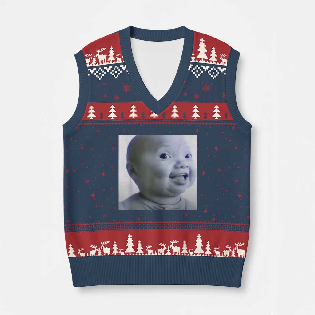 Funny Tuff Baby Side Eye Meme V-Neck Knit Sweater Vest Viral AI Niche Baby Face Reaction TS02 Navy Red Print Your Wear