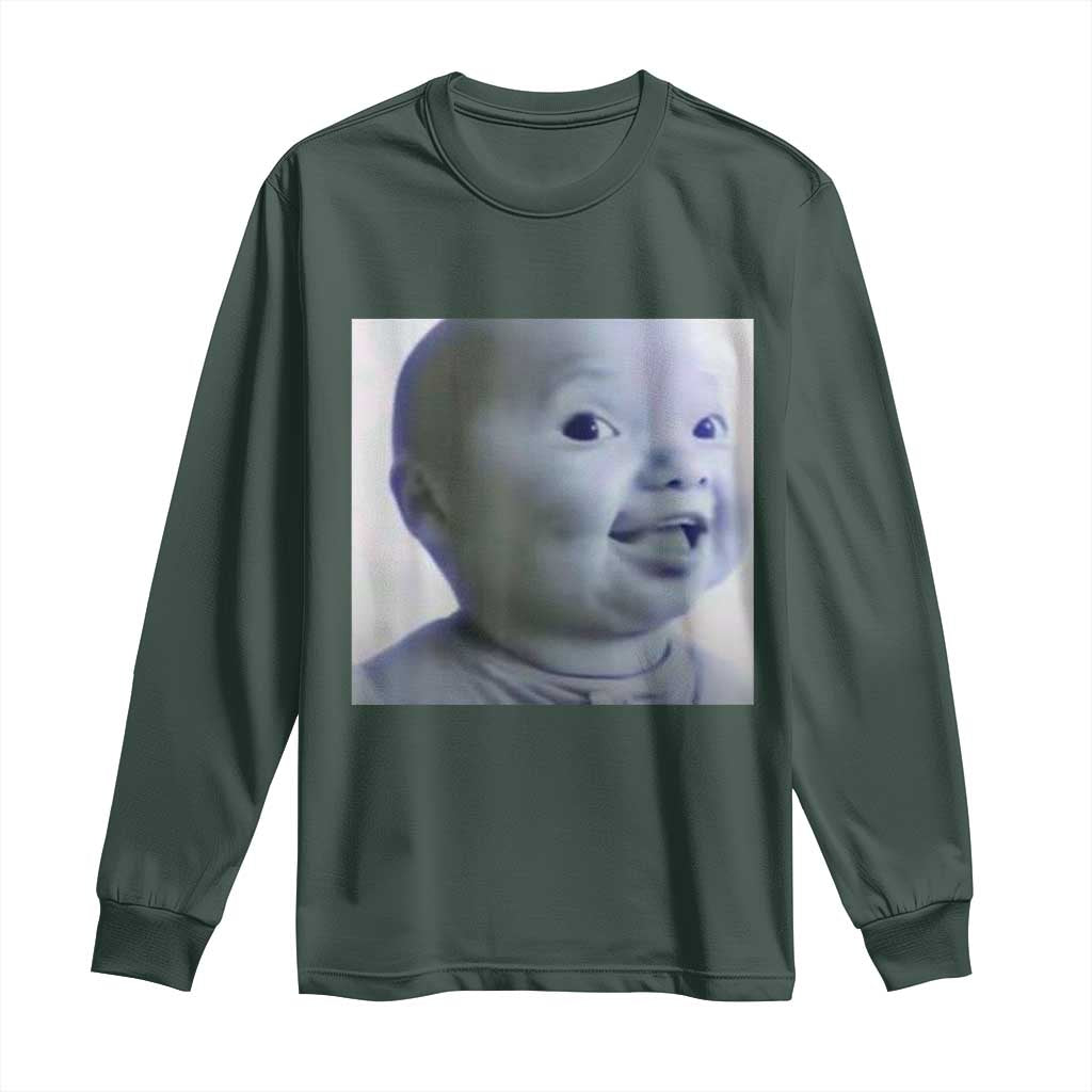 Funny Tuff Baby Side Eye Meme Long Sleeve Shirt Viral AI Niche Baby Face Reaction TS02 Dark Forest Green Print Your Wear