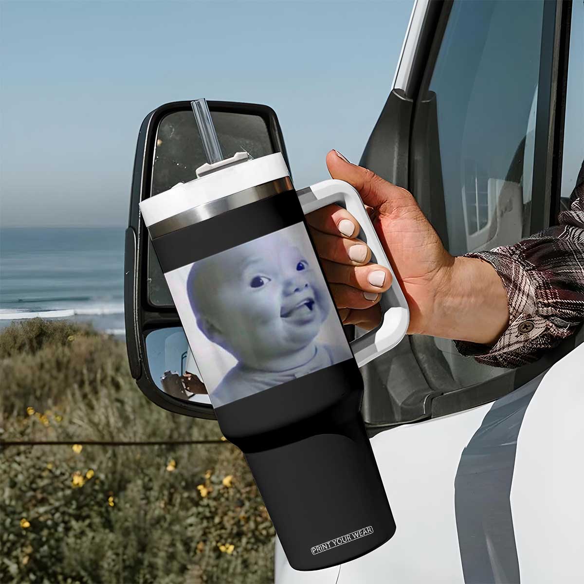 Funny Tuff Baby Side Eye Meme Tumbler With Handle Viral AI Niche Baby Face Reaction TS02 Print Your Wear