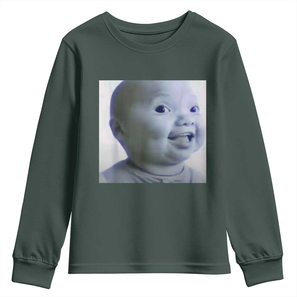 Funny Tuff Baby Side Eye Meme Youth Sweatshirt Viral AI Niche Baby Face Reaction TS02 Dark Forest Green Print Your Wear