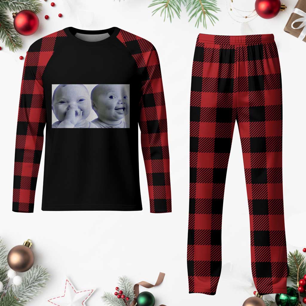 Funny Double Trouble Tuff Baby Meme Plaid Pajama Set Viral AI Niche Baby Holding Laugh Duo Reaction TS02 Buffalo Plaid Print Your Wear