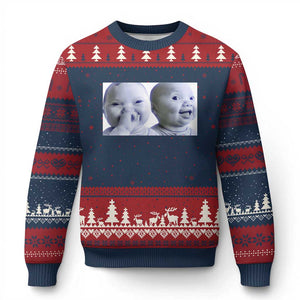 Funny Double Trouble Tuff Baby Meme Ugly Christmas Sweater Viral AI Niche Baby Holding Laugh Duo Reaction TS02 Navy Red Print Your Wear