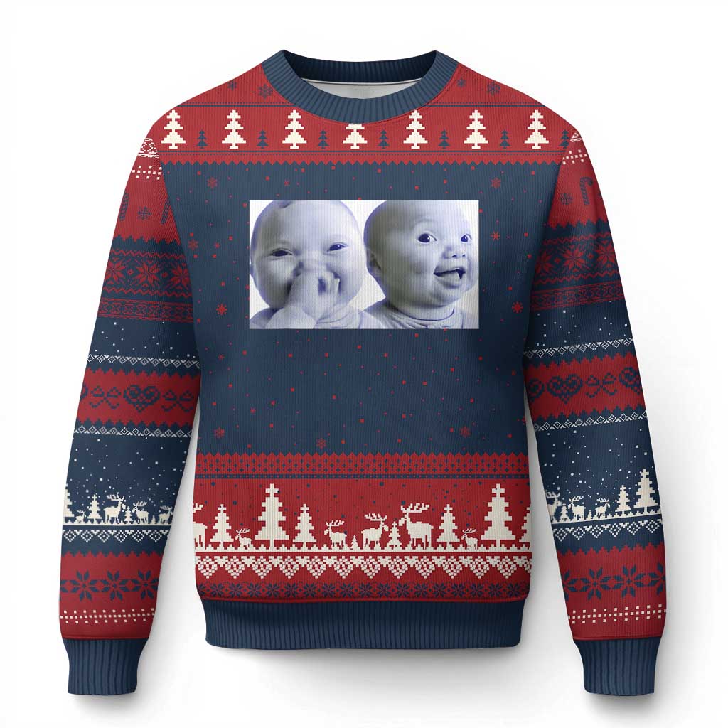Funny Double Trouble Tuff Baby Meme Ugly Christmas Sweater Viral AI Niche Baby Holding Laugh Duo Reaction TS02 Navy Red Print Your Wear