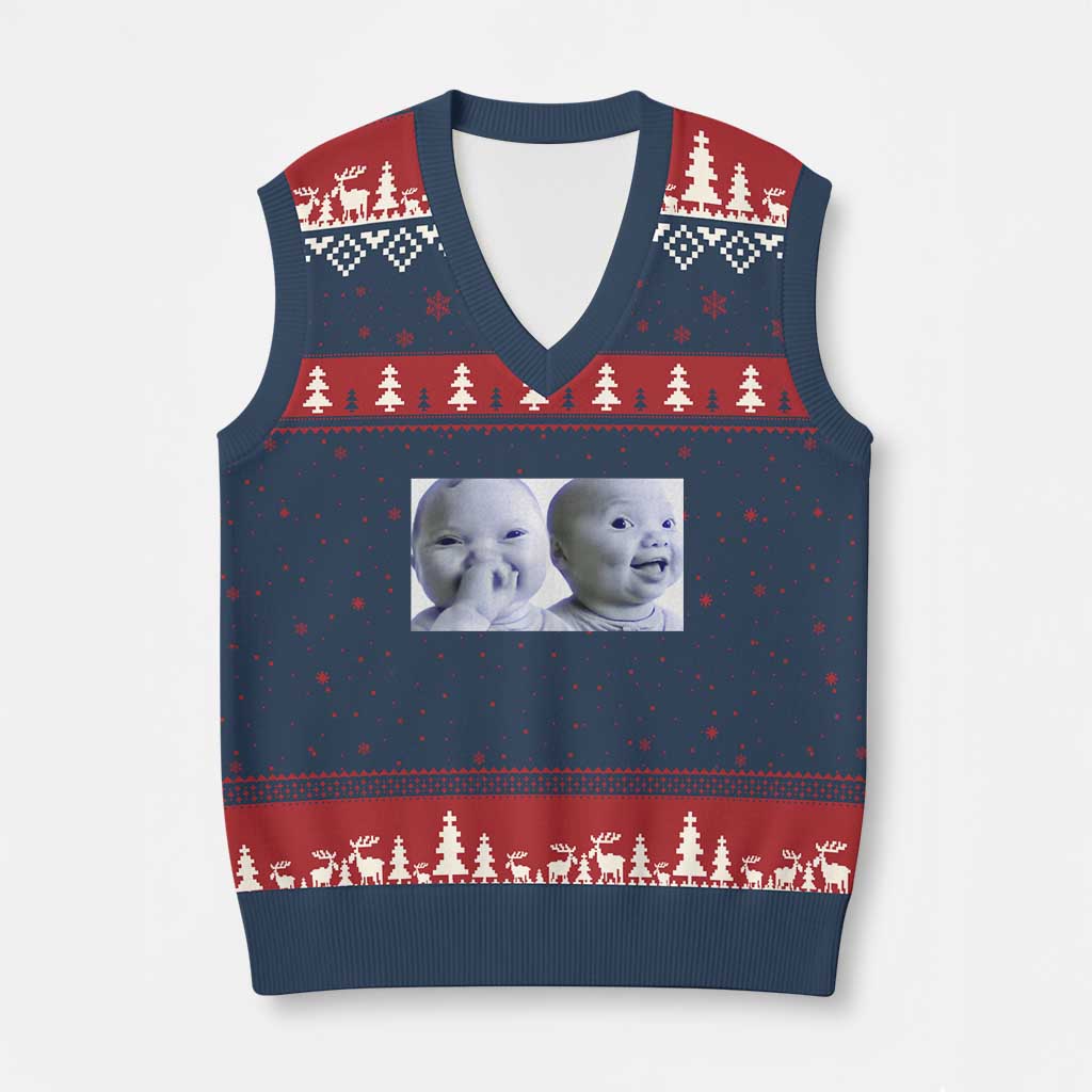 Funny Double Trouble Tuff Baby Meme V-Neck Knit Sweater Vest Viral AI Niche Baby Holding Laugh Duo Reaction TS02 Navy Red Print Your Wear
