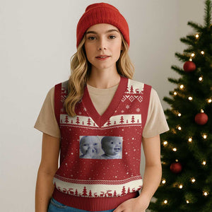 Funny Double Trouble Tuff Baby Meme V-Neck Knit Sweater Vest Viral AI Niche Baby Holding Laugh Duo Reaction TS02 Red Beige Print Your Wear