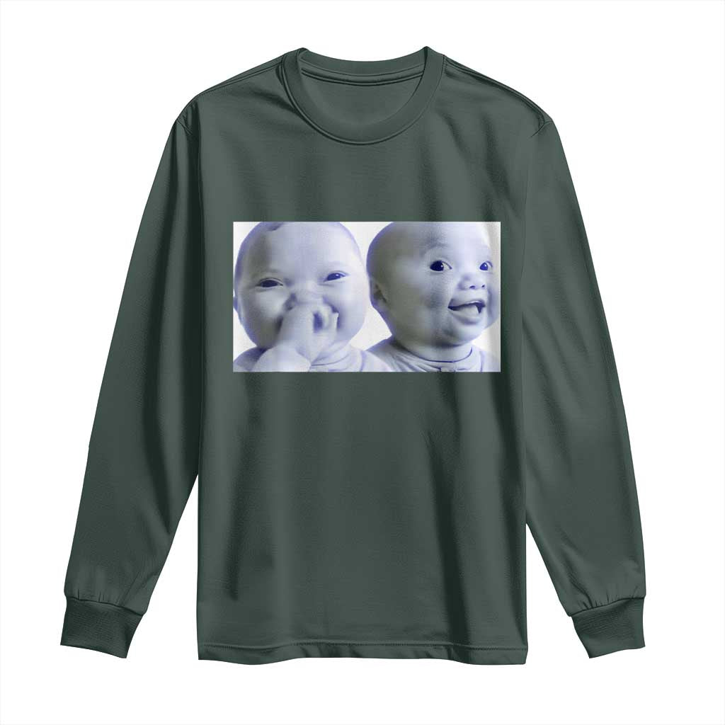 Funny Double Trouble Tuff Baby Meme Long Sleeve Shirt Viral AI Niche Baby Holding Laugh Duo Reaction TS02 Dark Forest Green Print Your Wear