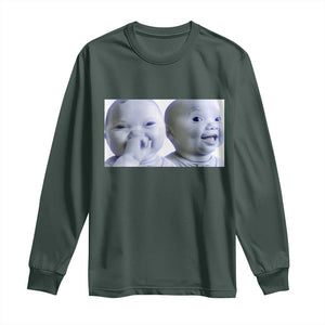 Funny Double Trouble Tuff Baby Meme Long Sleeve Shirt Viral AI Niche Baby Holding Laugh Duo Reaction TS02 Dark Forest Green Print Your Wear