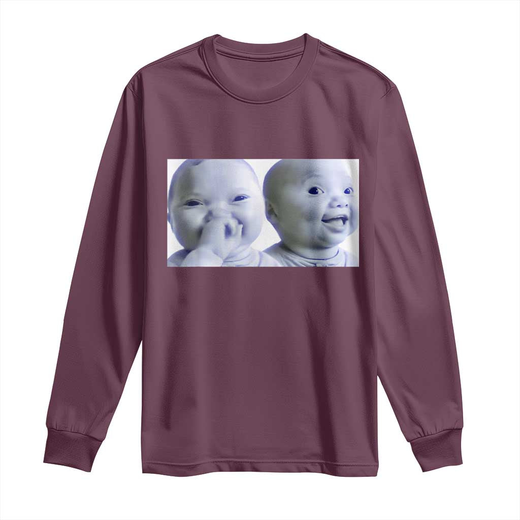 Funny Double Trouble Tuff Baby Meme Long Sleeve Shirt Viral AI Niche Baby Holding Laugh Duo Reaction TS02 Maroon Print Your Wear