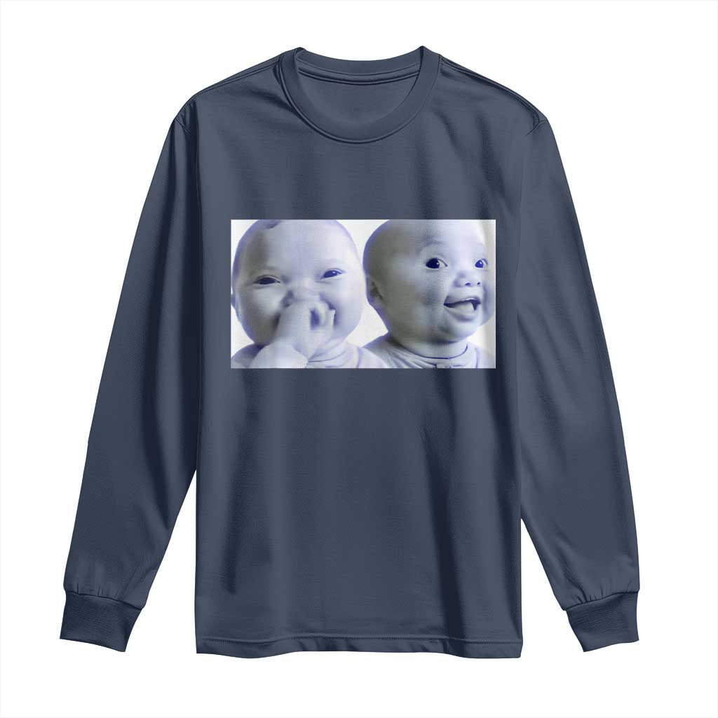 Funny Double Trouble Tuff Baby Meme Long Sleeve Shirt Viral AI Niche Baby Holding Laugh Duo Reaction TS02 Navy Print Your Wear