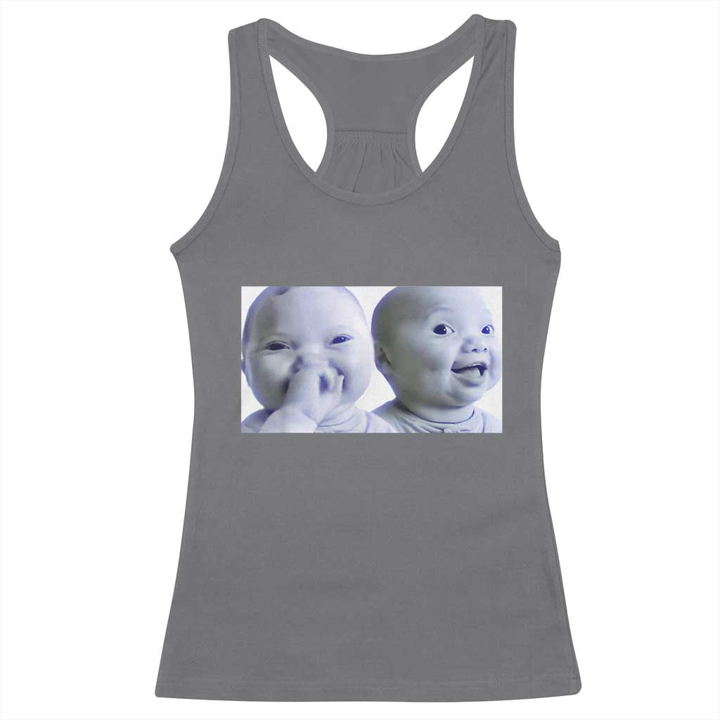 Funny Double Trouble Tuff Baby Meme Racerback Tank Top Viral AI Niche Baby Holding Laugh Duo Reaction TS02 Charcoal Print Your Wear