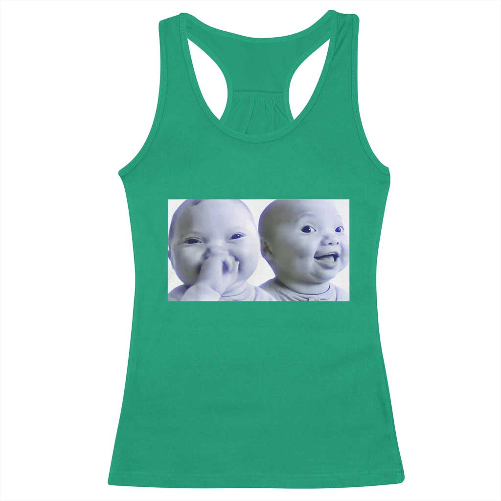 Funny Double Trouble Tuff Baby Meme Racerback Tank Top Viral AI Niche Baby Holding Laugh Duo Reaction TS02 Irish Green Print Your Wear
