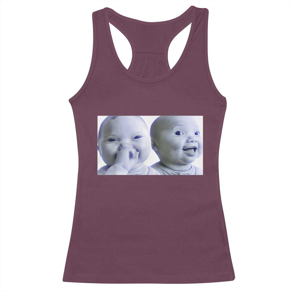 Funny Double Trouble Tuff Baby Meme Racerback Tank Top Viral AI Niche Baby Holding Laugh Duo Reaction TS02 Maroon Print Your Wear