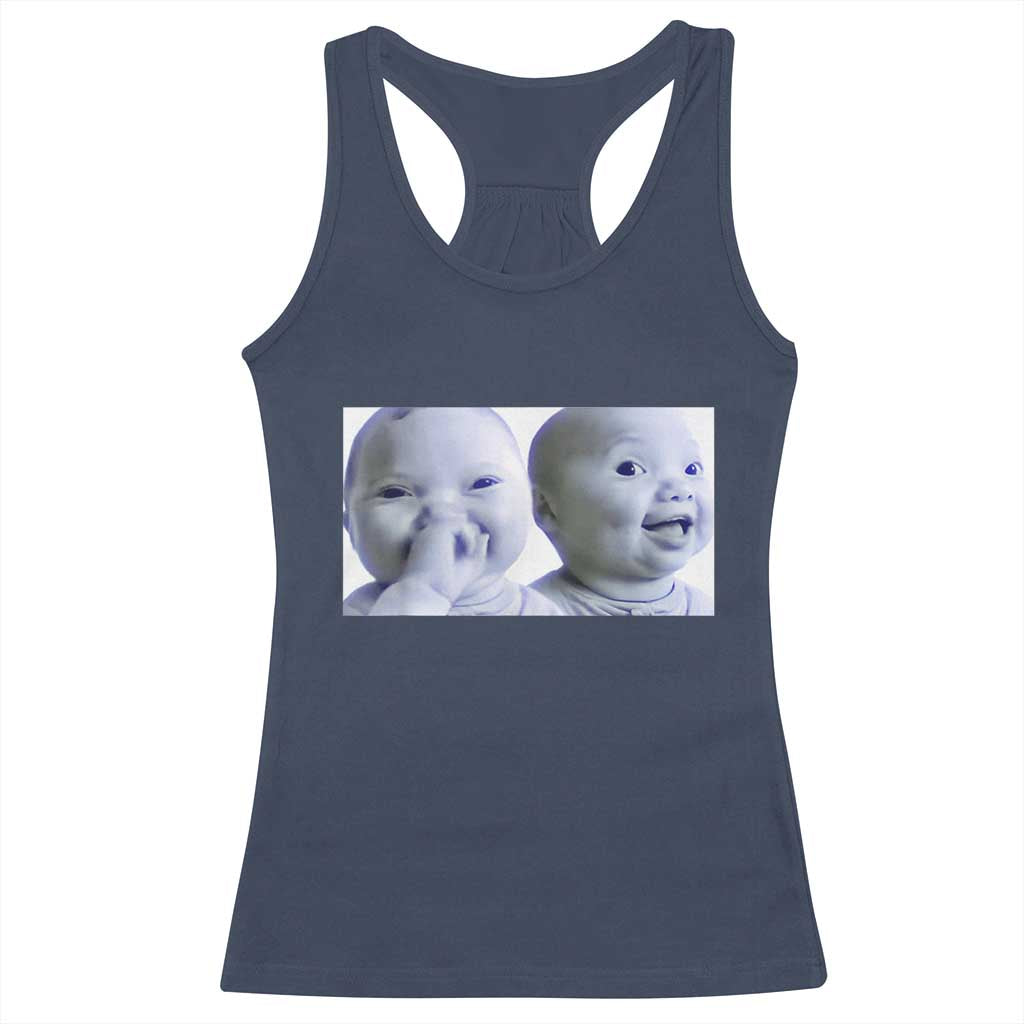 Funny Double Trouble Tuff Baby Meme Racerback Tank Top Viral AI Niche Baby Holding Laugh Duo Reaction TS02 Navy Print Your Wear