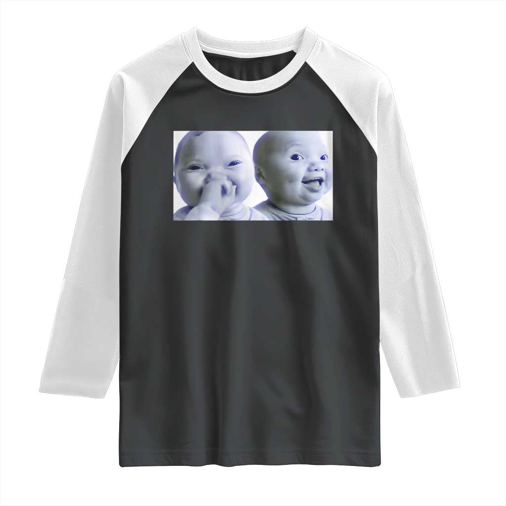 Funny Double Trouble Tuff Baby Meme Raglan Shirt Viral AI Niche Baby Holding Laugh Duo Reaction TS02 Black White Print Your Wear