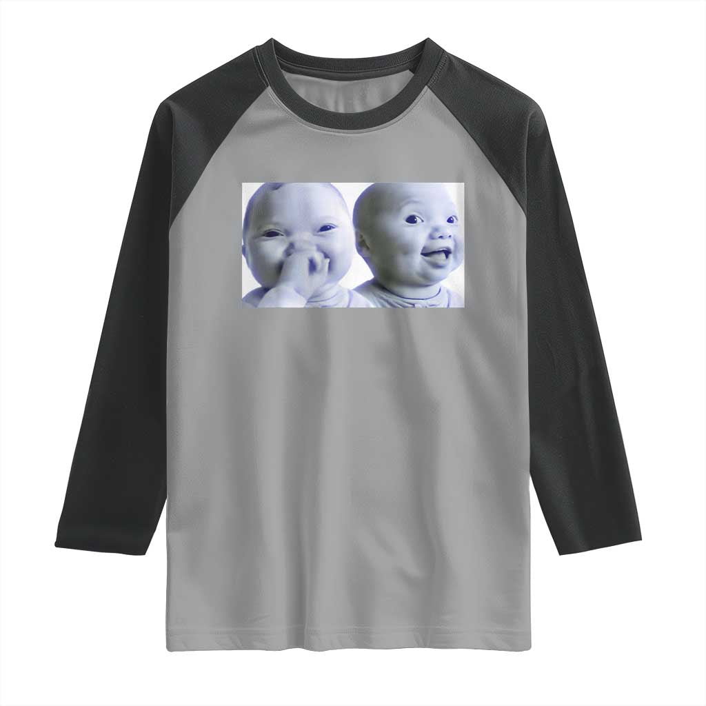 Funny Double Trouble Tuff Baby Meme Raglan Shirt Viral AI Niche Baby Holding Laugh Duo Reaction TS02 Sport Gray Black Print Your Wear
