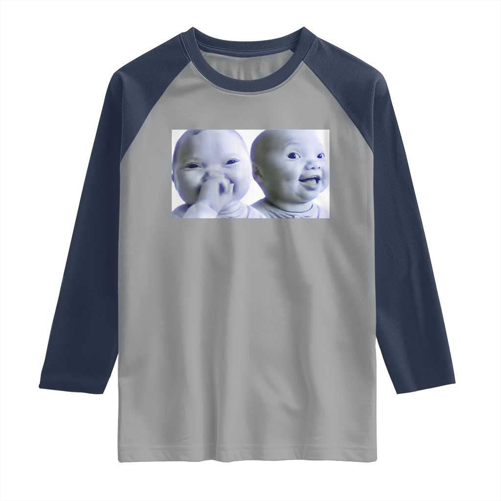 Funny Double Trouble Tuff Baby Meme Raglan Shirt Viral AI Niche Baby Holding Laugh Duo Reaction TS02 Sport Gray Navy Print Your Wear