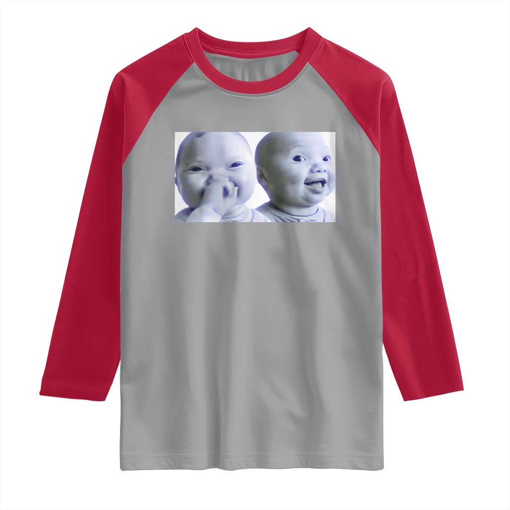 Funny Double Trouble Tuff Baby Meme Raglan Shirt Viral AI Niche Baby Holding Laugh Duo Reaction TS02 Sport Gray Red Print Your Wear