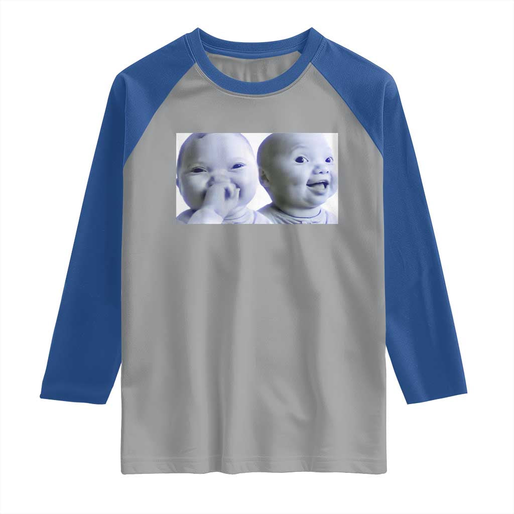 Funny Double Trouble Tuff Baby Meme Raglan Shirt Viral AI Niche Baby Holding Laugh Duo Reaction TS02 Sport Gray Royal Print Your Wear