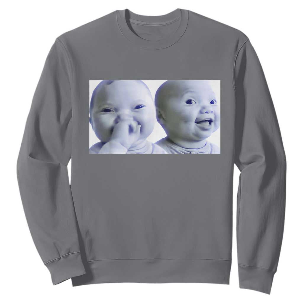 Funny Double Trouble Tuff Baby Meme Sweatshirt Viral AI Niche Baby Holding Laugh Duo Reaction TS02 Charcoal Print Your Wear