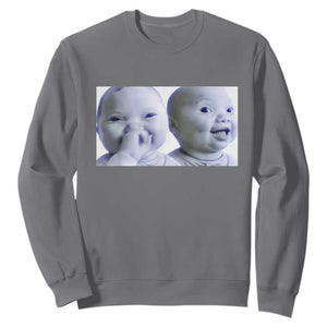 Funny Double Trouble Tuff Baby Meme Sweatshirt Viral AI Niche Baby Holding Laugh Duo Reaction TS02 Charcoal Print Your Wear