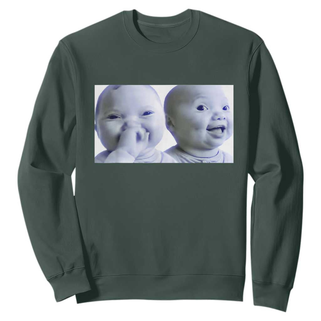 Funny Double Trouble Tuff Baby Meme Sweatshirt Viral AI Niche Baby Holding Laugh Duo Reaction TS02 Dark Forest Green Print Your Wear