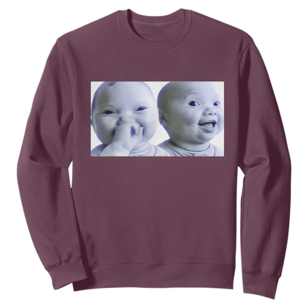 Funny Double Trouble Tuff Baby Meme Sweatshirt Viral AI Niche Baby Holding Laugh Duo Reaction TS02 Maroon Print Your Wear