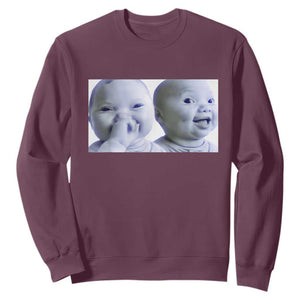Funny Double Trouble Tuff Baby Meme Sweatshirt Viral AI Niche Baby Holding Laugh Duo Reaction TS02 Maroon Print Your Wear